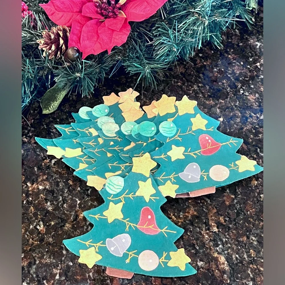 Vintage Hand Appliquéd Christmas Tree Coasters-Set of 9